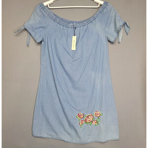 Speed Control Boho Off Shoulder Dress Womens L Blue Chambray Embroidered Floral